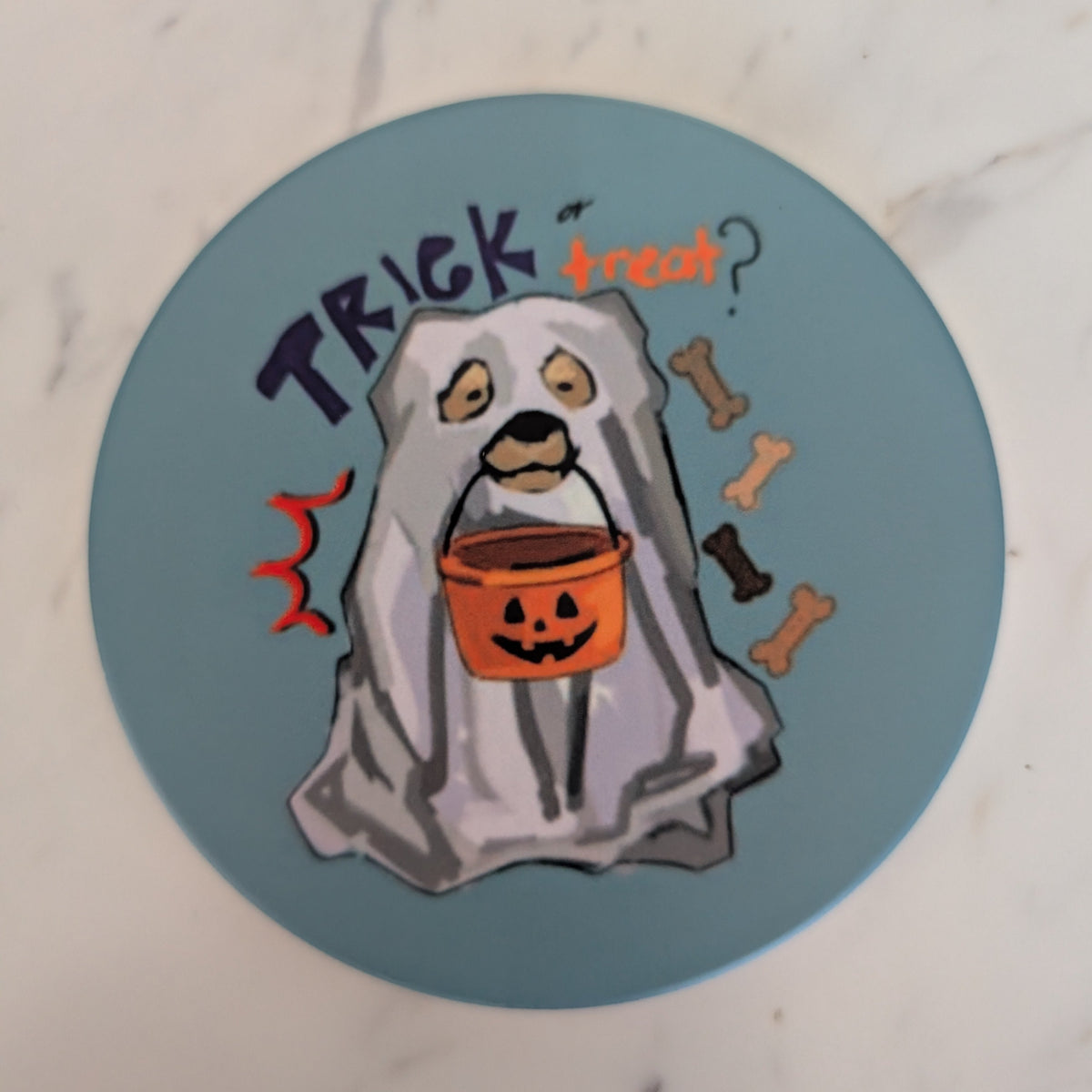 Trick or Treat Pup Ceramic Coaster, Halloween Dog Lover Drink-ware