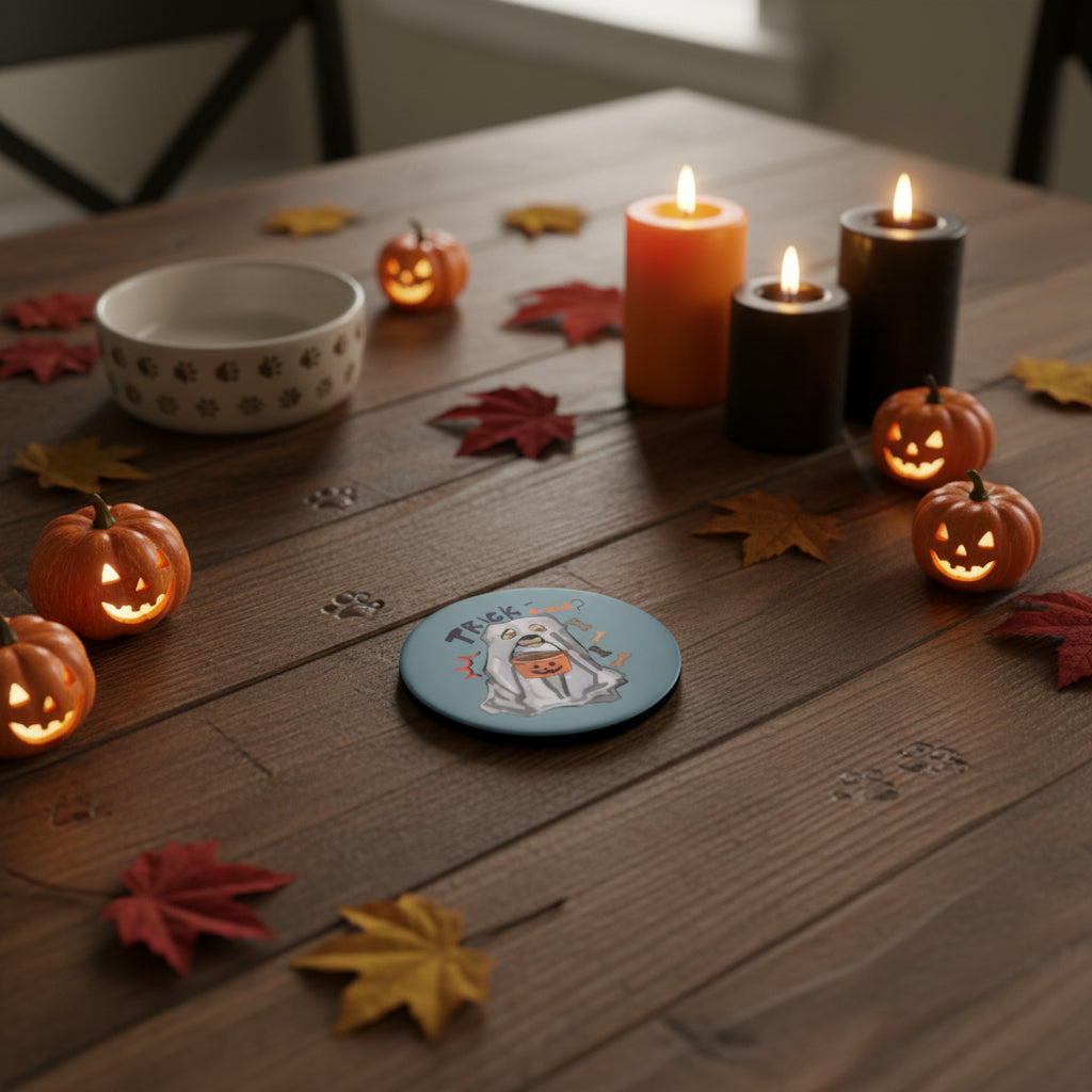 Trick or Treat Pup Ceramic Coaster, Halloween Dog Lover Drink-ware