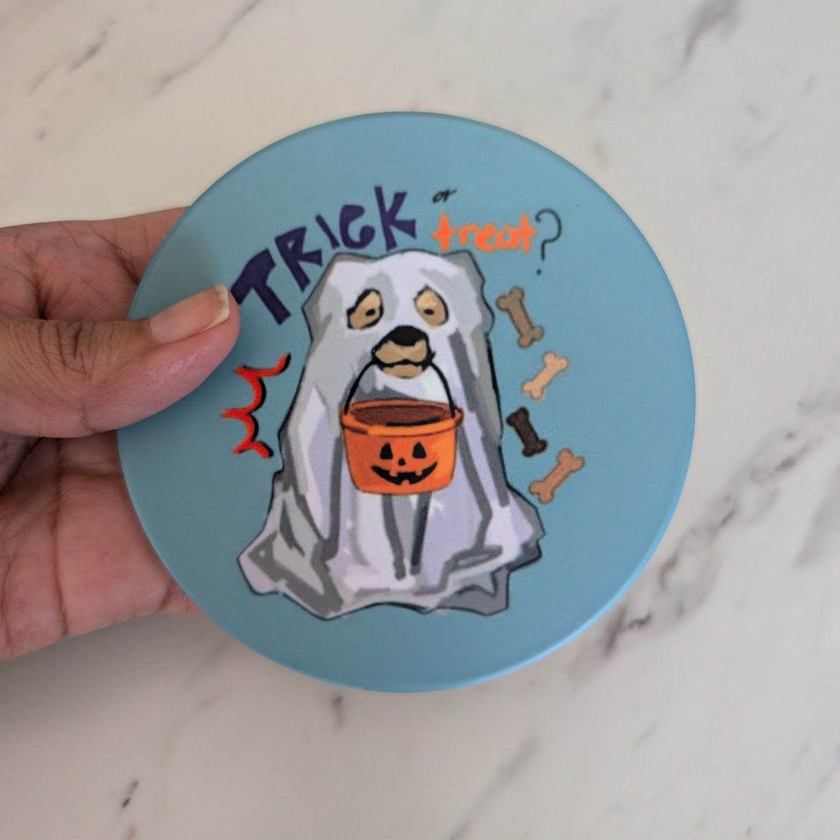 Trick or Treat Pup Ceramic Coaster, Halloween Dog Lover Drink-ware