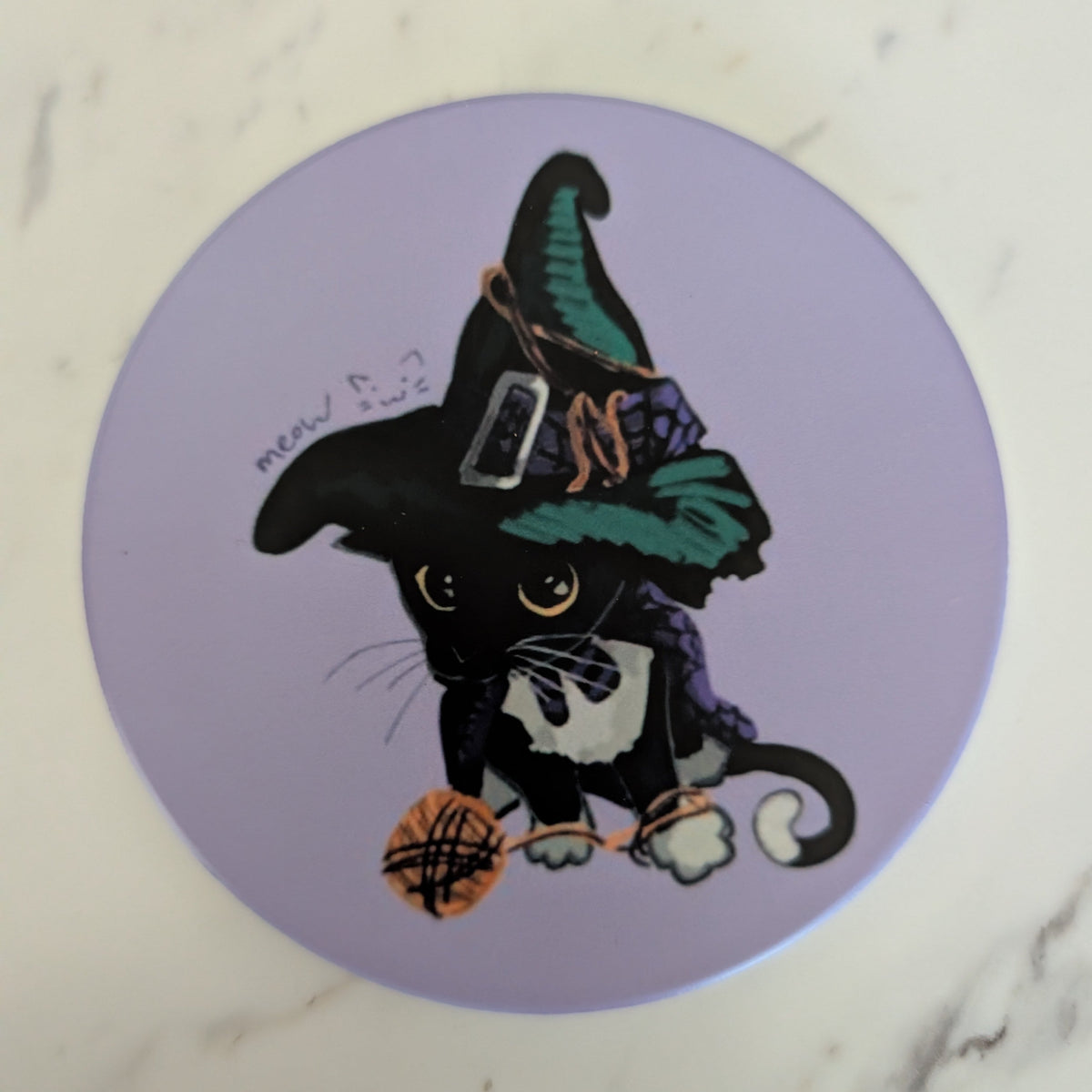 Cute Witch Cat Sublimated Ceramic Coaster, Gothic Kitten Table Accent