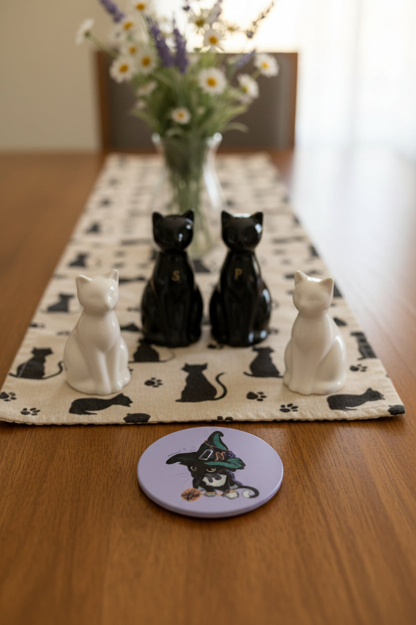 Cute Witch Cat Sublimated Ceramic Coaster, Gothic Kitten Table Accent