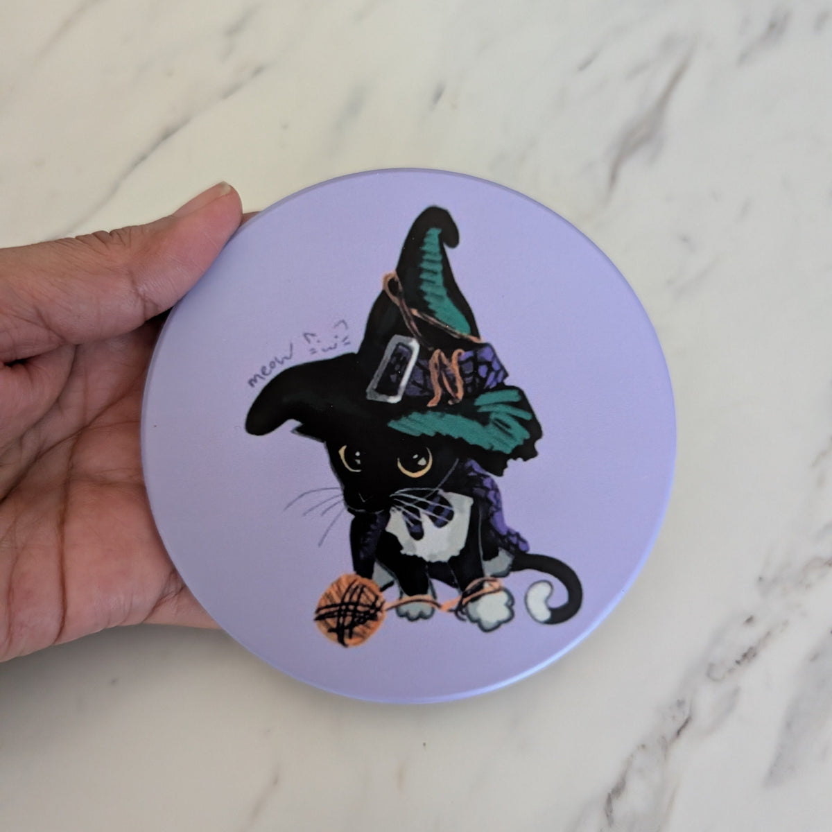 Cute Witch Cat Sublimated Ceramic Coaster, Gothic Kitten Table Accent
