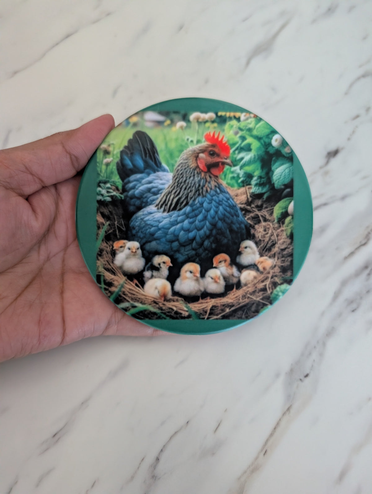 Mother Hen with Chicks Ceramic Coaster, Farmhouse Nesting Drink Decor