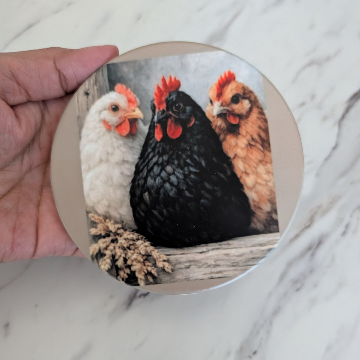 Three Hens Sublimated Ceramic Coaster, Farmhouse Kitchen & Drink Decor