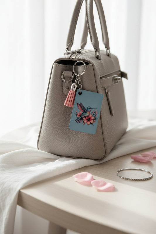 Floral Hummingbird Keychain – Double-Sided Sublimated Bag Charm with Pink Tassel