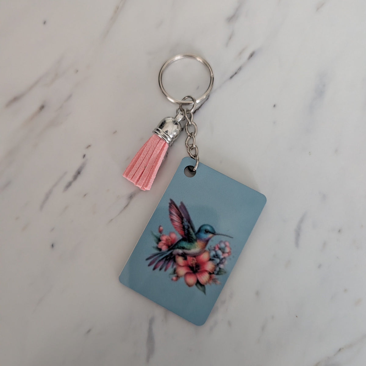 Floral Hummingbird Keychain – Double-Sided Sublimated Bag Charm with Pink Tassel