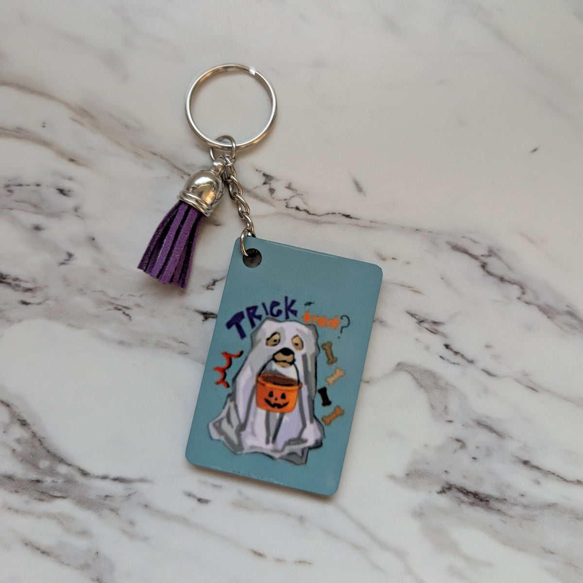 Trick or Treat Ghost Dog Keychain - Double-Sided Spooky Dog Bag Charm with Purple Tassel | Cute Pet Lover Accessory