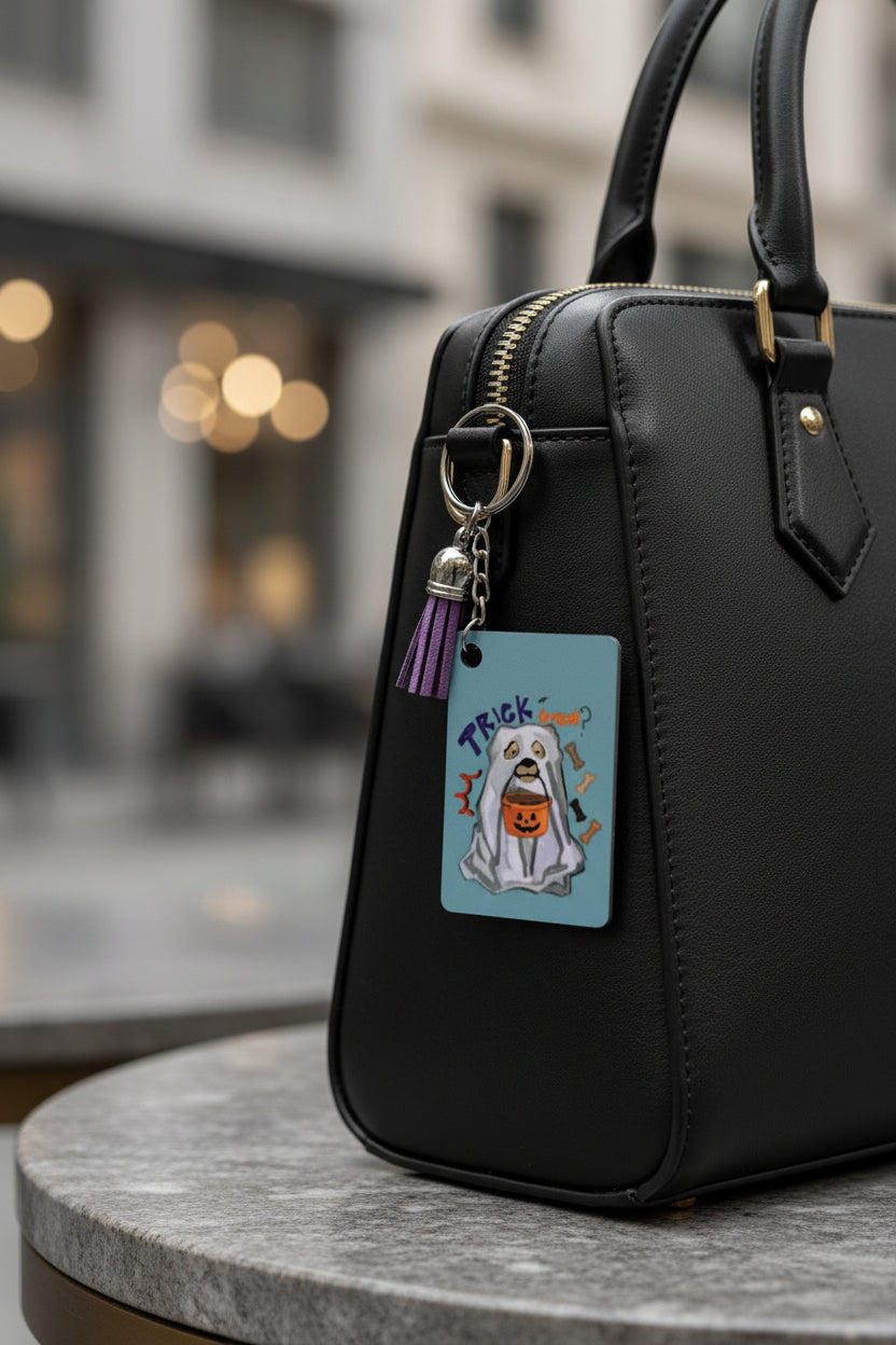 Trick or Treat Ghost Dog Keychain - Double-Sided Spooky Dog Bag Charm with Purple Tassel | Cute Pet Lover Accessory