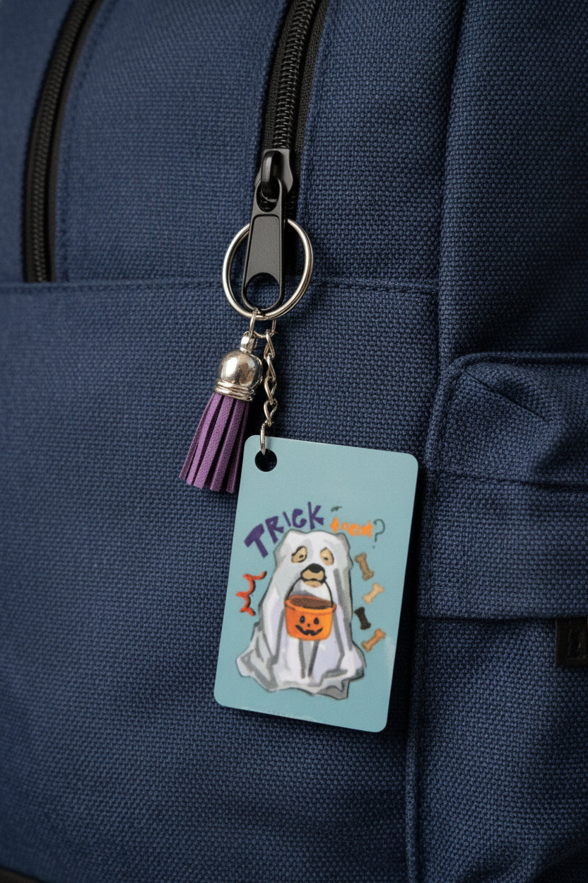 Trick or Treat Ghost Dog Keychain - Double-Sided Spooky Dog Bag Charm with Purple Tassel | Cute Pet Lover Accessory