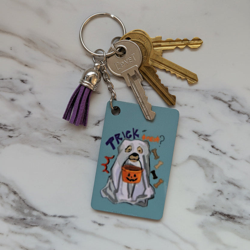Trick or Treat Ghost Dog Keychain - Double-Sided Spooky Dog Bag Charm with Purple Tassel | Cute Pet Lover Accessory