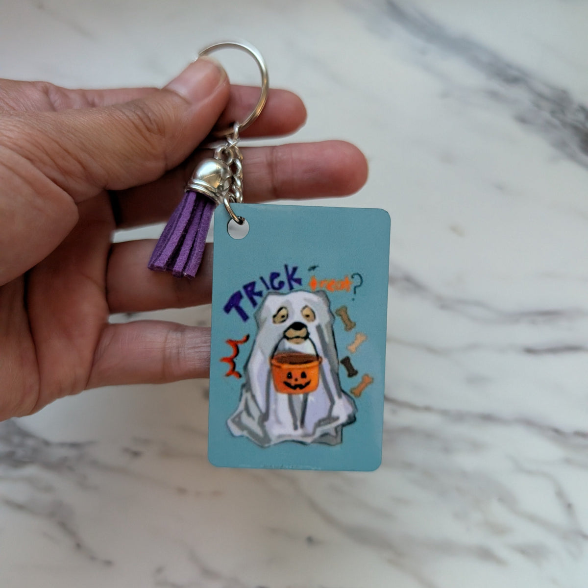 Trick or Treat Ghost Dog Keychain - Double-Sided Spooky Dog Bag Charm with Purple Tassel | Cute Pet Lover Accessory
