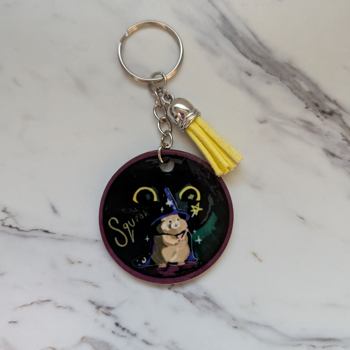 Wizard Hamster Keychain - Double-Sided Celestial Round Bag Charm with Yellow Tassel | Cute Magical Pet Gift