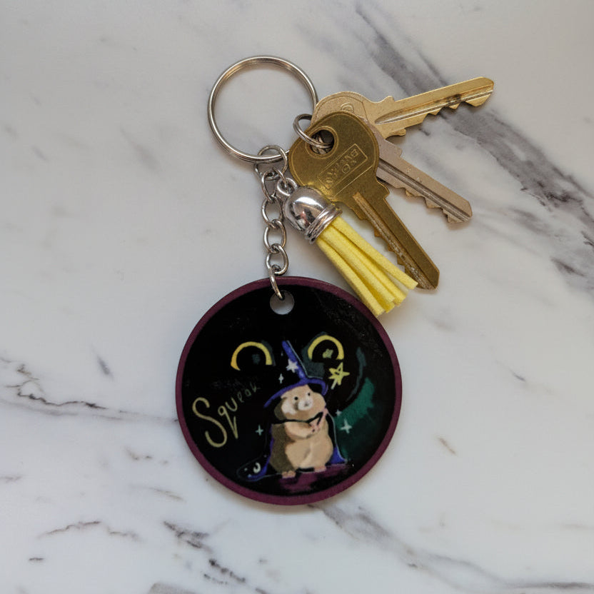 Wizard Hamster Keychain - Double-Sided Celestial Round Bag Charm with Yellow Tassel | Cute Magical Pet Gift