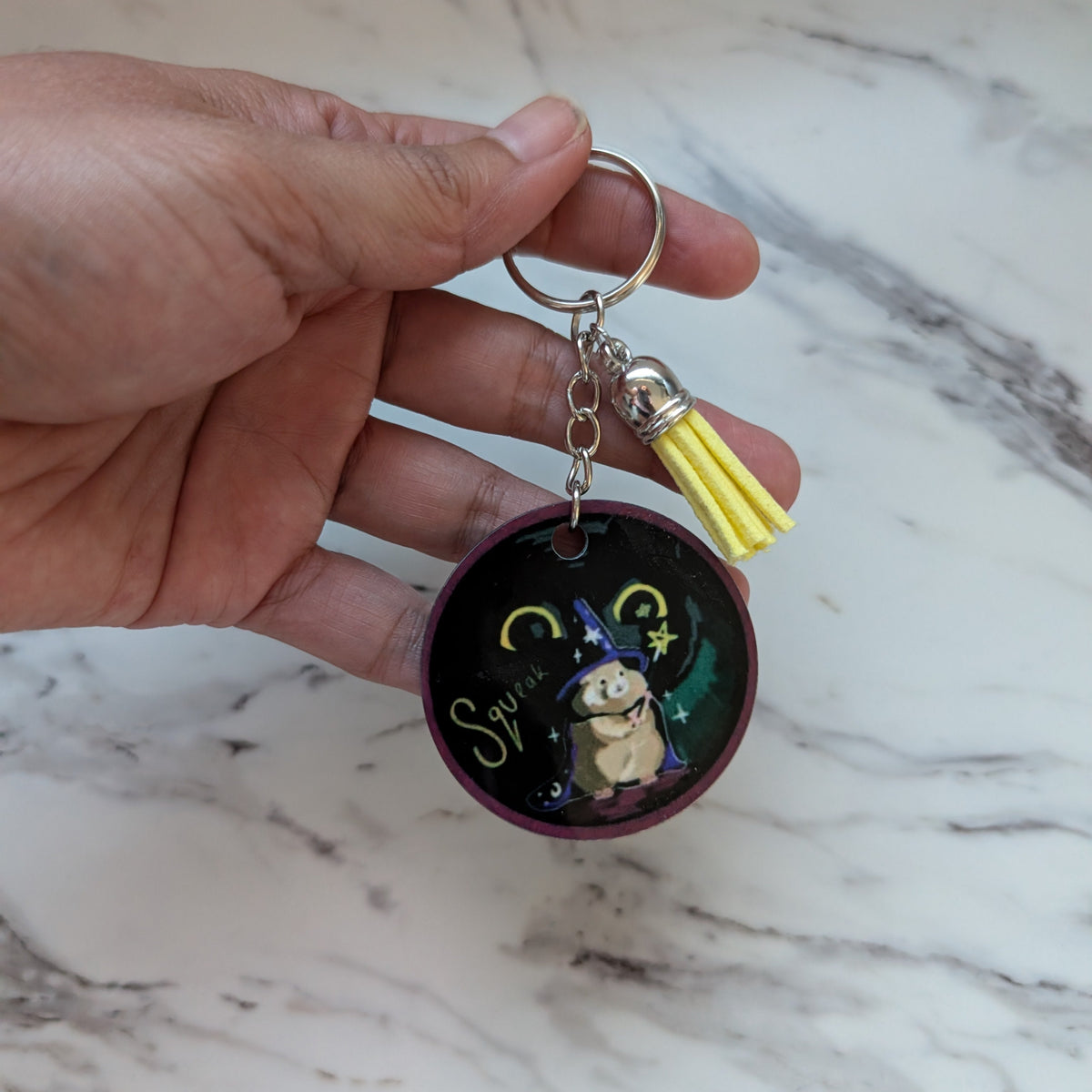Wizard Hamster Keychain - Double-Sided Celestial Round Bag Charm with Yellow Tassel | Cute Magical Pet Gift