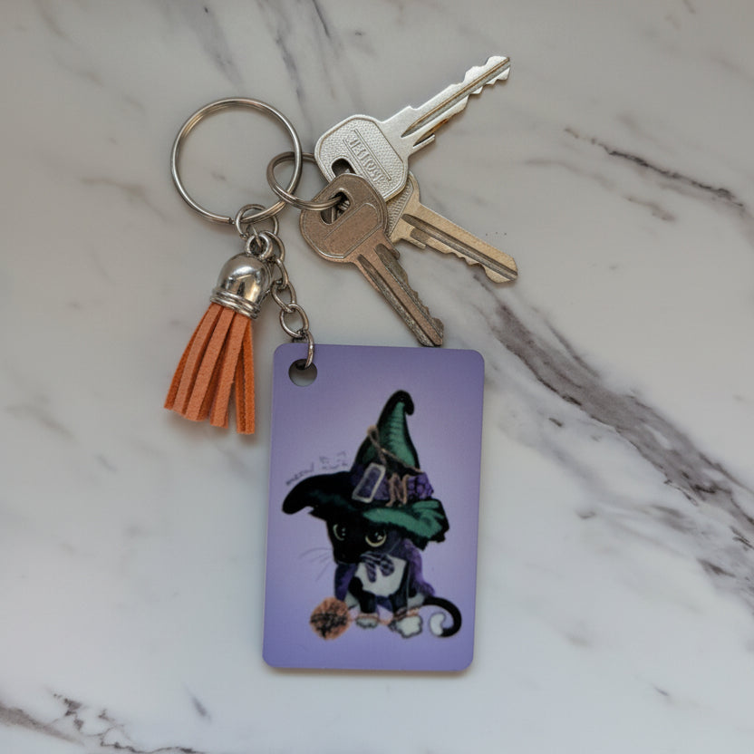 Witchy Black Cat Keychain - Double-Sided Gothic Bag Charm with Orange Tassel | Whimsical Cozy Gift