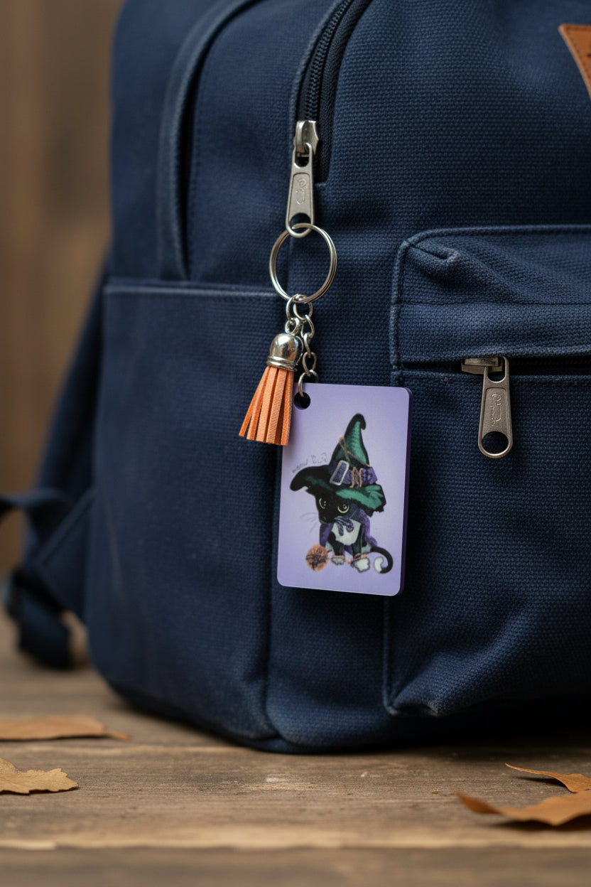 Witchy Black Cat Keychain - Double-Sided Gothic Bag Charm with Orange Tassel | Whimsical Cozy Gift