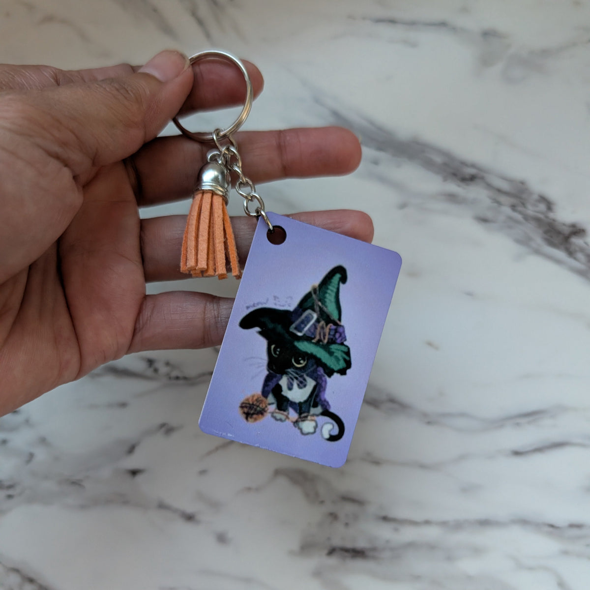 Witchy Black Cat Keychain - Double-Sided Gothic Bag Charm with Orange Tassel | Whimsical Cozy Gift