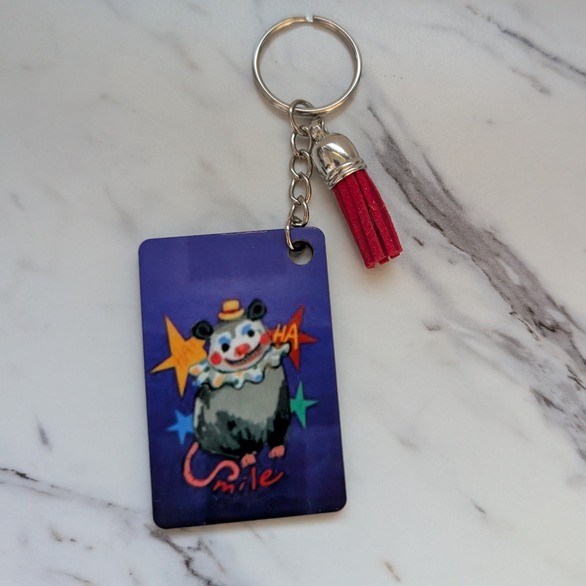 Clown Opossum Keychain - Double-Sided Quirky Possum Bag Charm with Red Tassel | Whimsical Animal Gift