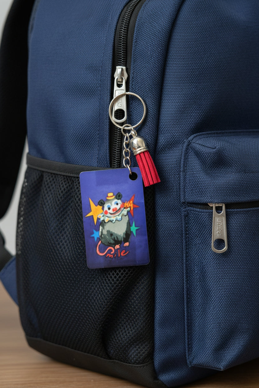 Clown Opossum Keychain - Double-Sided Quirky Possum Bag Charm with Red Tassel | Whimsical Animal Gift