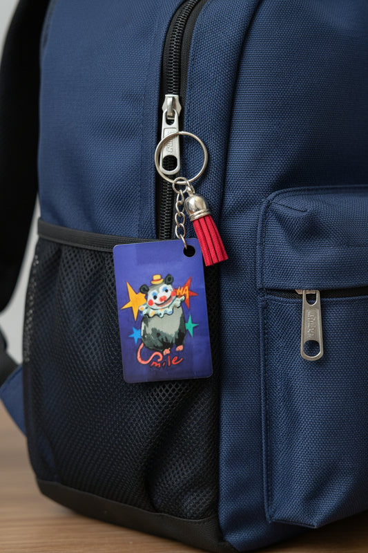 Clown Opossum Keychain - Double-Sided Quirky Possum Bag Charm with Red Tassel | Whimsical Animal Gift