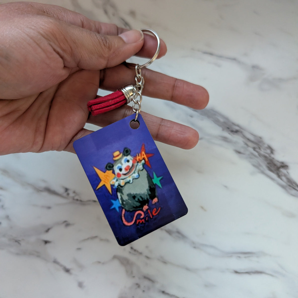 Clown Opossum Keychain - Double-Sided Quirky Possum Bag Charm with Red Tassel | Whimsical Animal Gift