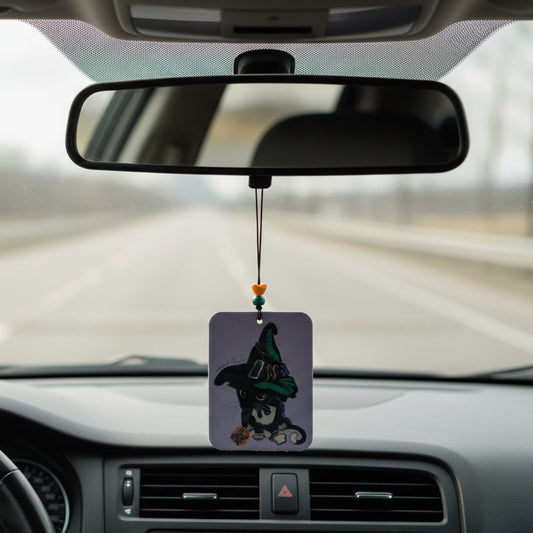 Witch Cat Car Hanging Ornament – Cute Rearview Mirror Charm, Double-Sided Cottagecore Decor