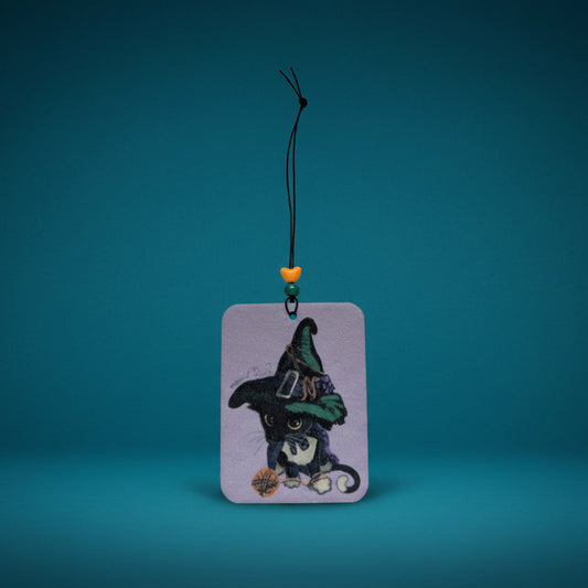 Witch Cat Car Hanging Ornament – Cute Rearview Mirror Charm, Double-Sided Cottagecore Decor
