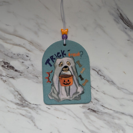 Ghost Dog Car Hanging Ornament – Spooky Cute Rearview Mirror Charm, Double-Sided Dog Lover Decor