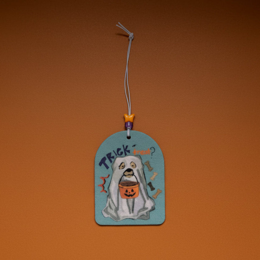Ghost Dog Car Hanging Ornament – Spooky Cute Rearview Mirror Charm, Double-Sided Dog Lover Decor