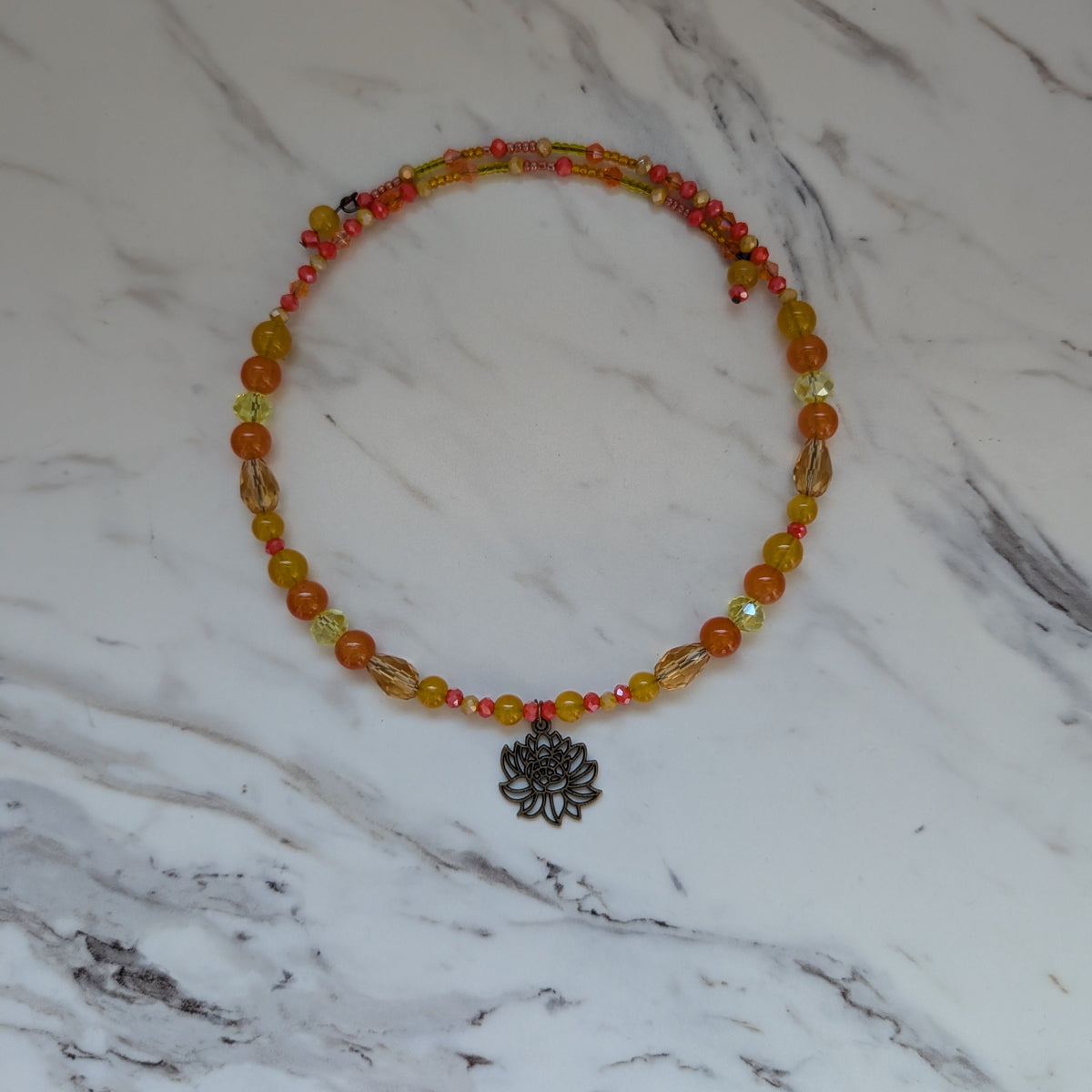 Bronze Lotus Beaded Memory Wire Choker | Sunset Orange & Yellow Crystal Collar