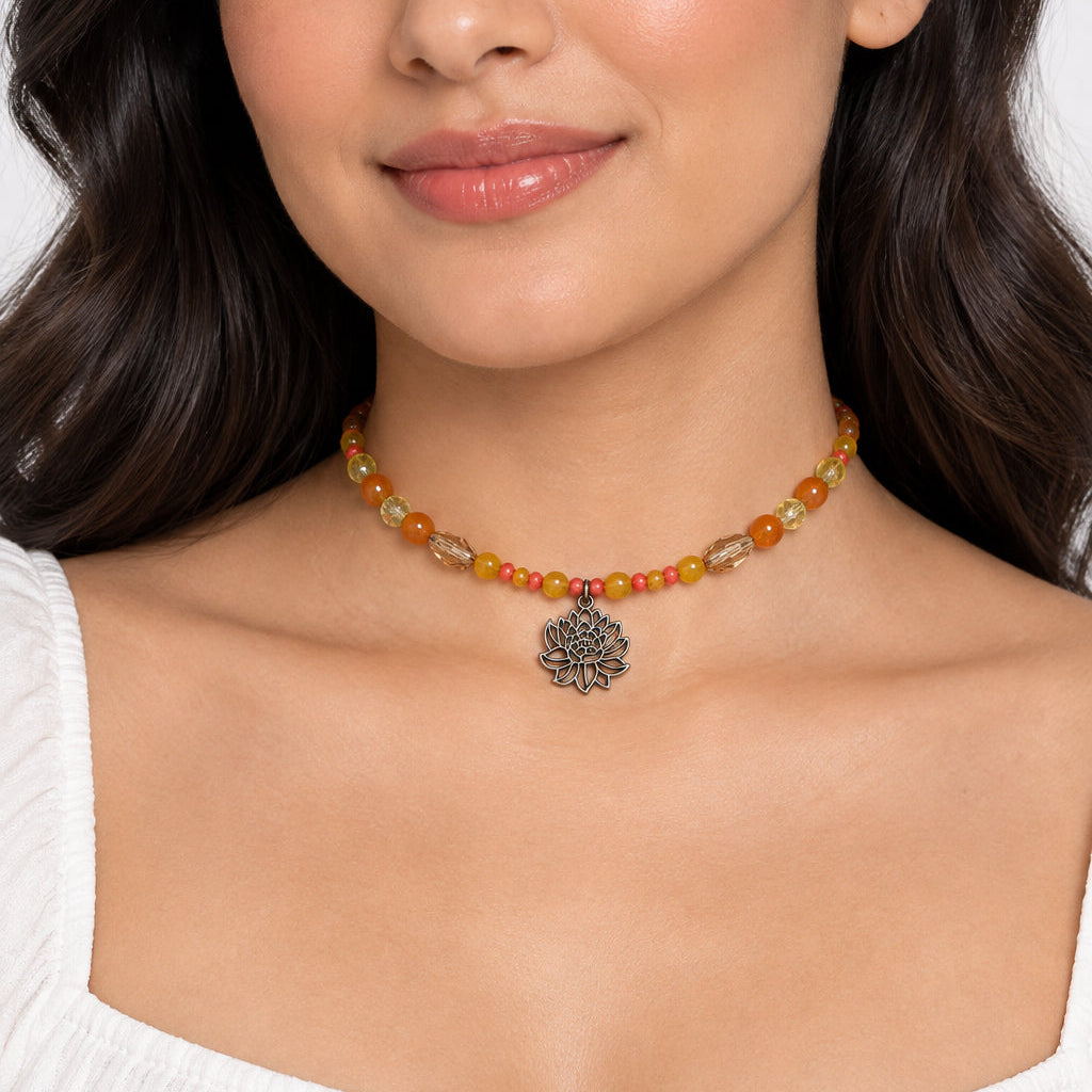 Bronze Lotus Beaded Memory Wire Choker | Sunset Orange & Yellow Crystal Collar