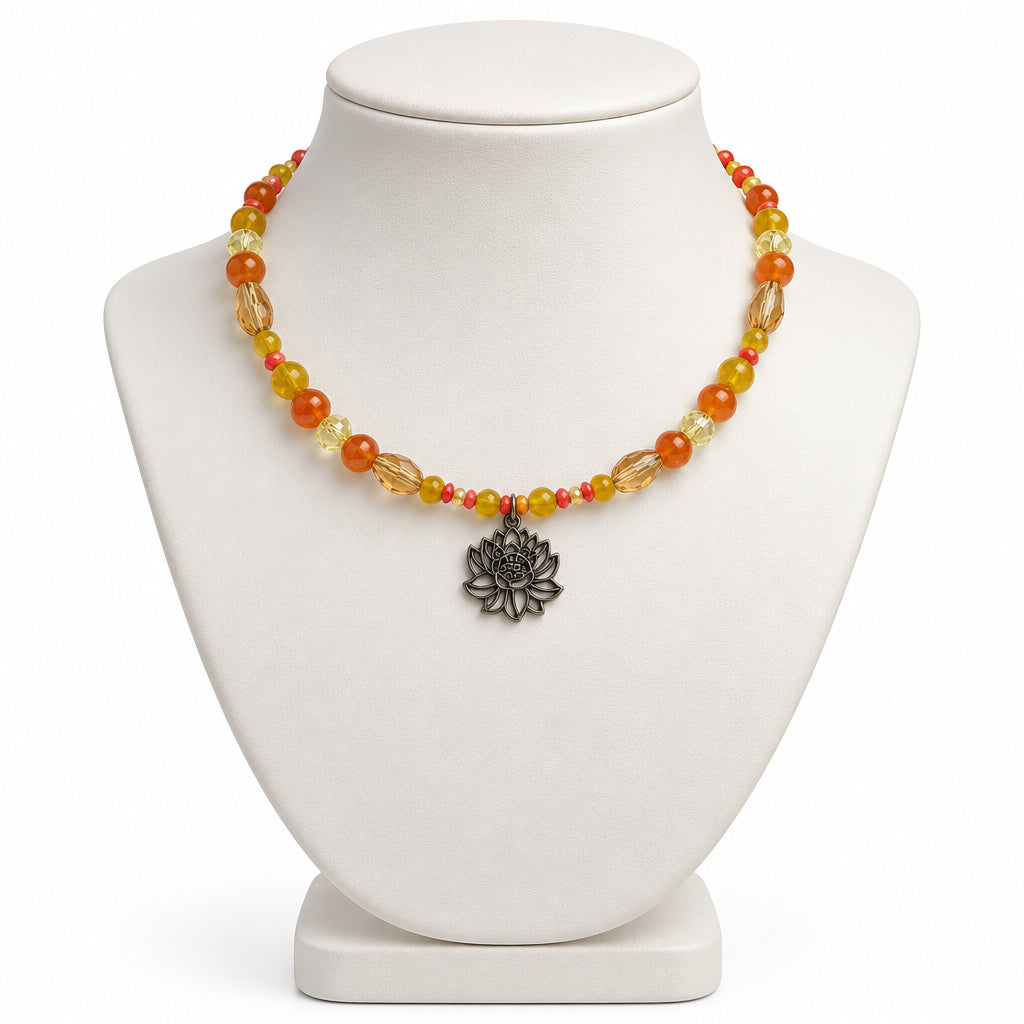 Bronze Lotus Beaded Memory Wire Choker | Sunset Orange & Yellow Crystal Collar