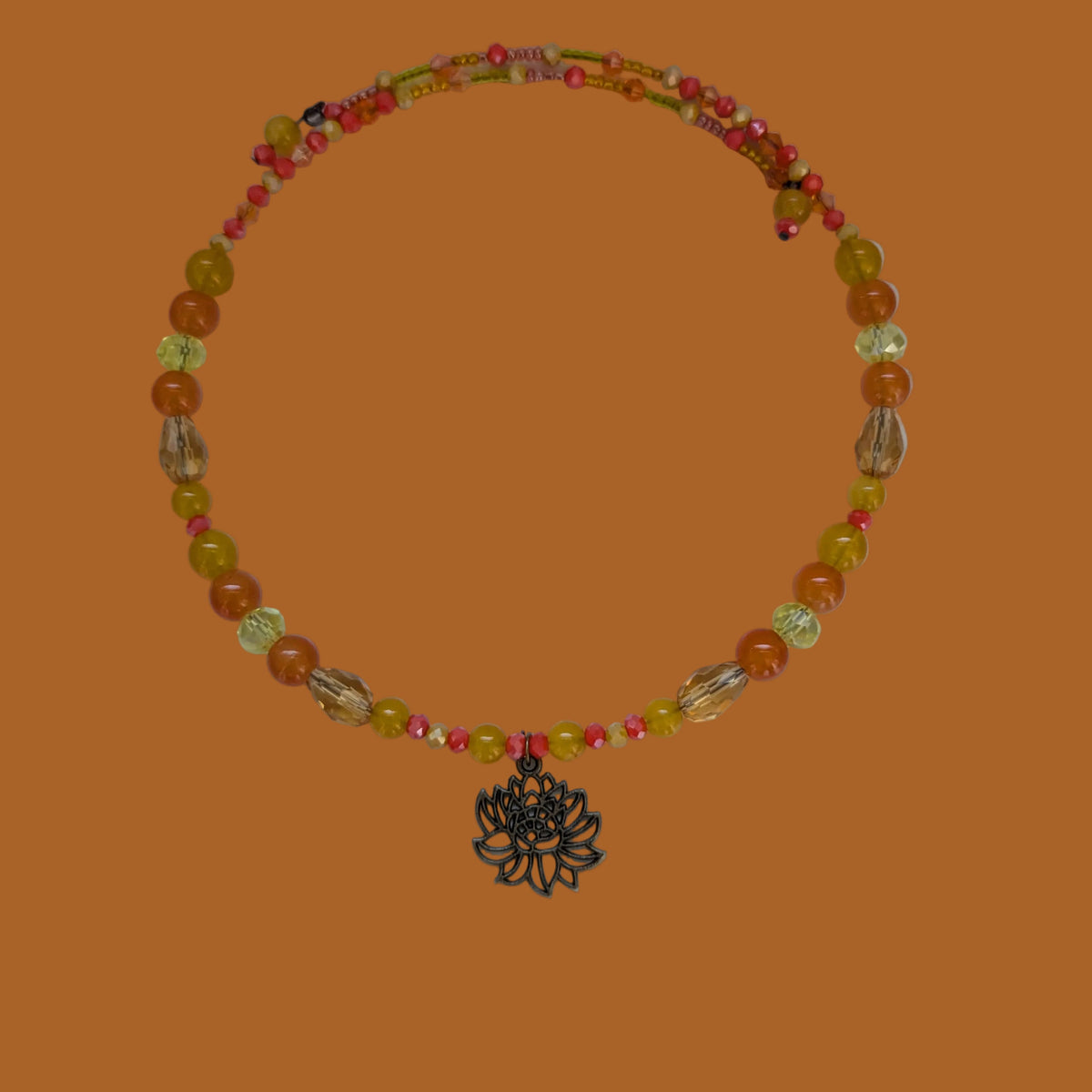 Bronze Lotus Beaded Memory Wire Choker | Sunset Orange & Yellow Crystal Collar