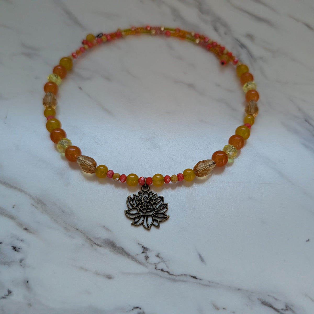 Bronze Lotus Beaded Memory Wire Choker | Sunset Orange & Yellow Crystal Collar