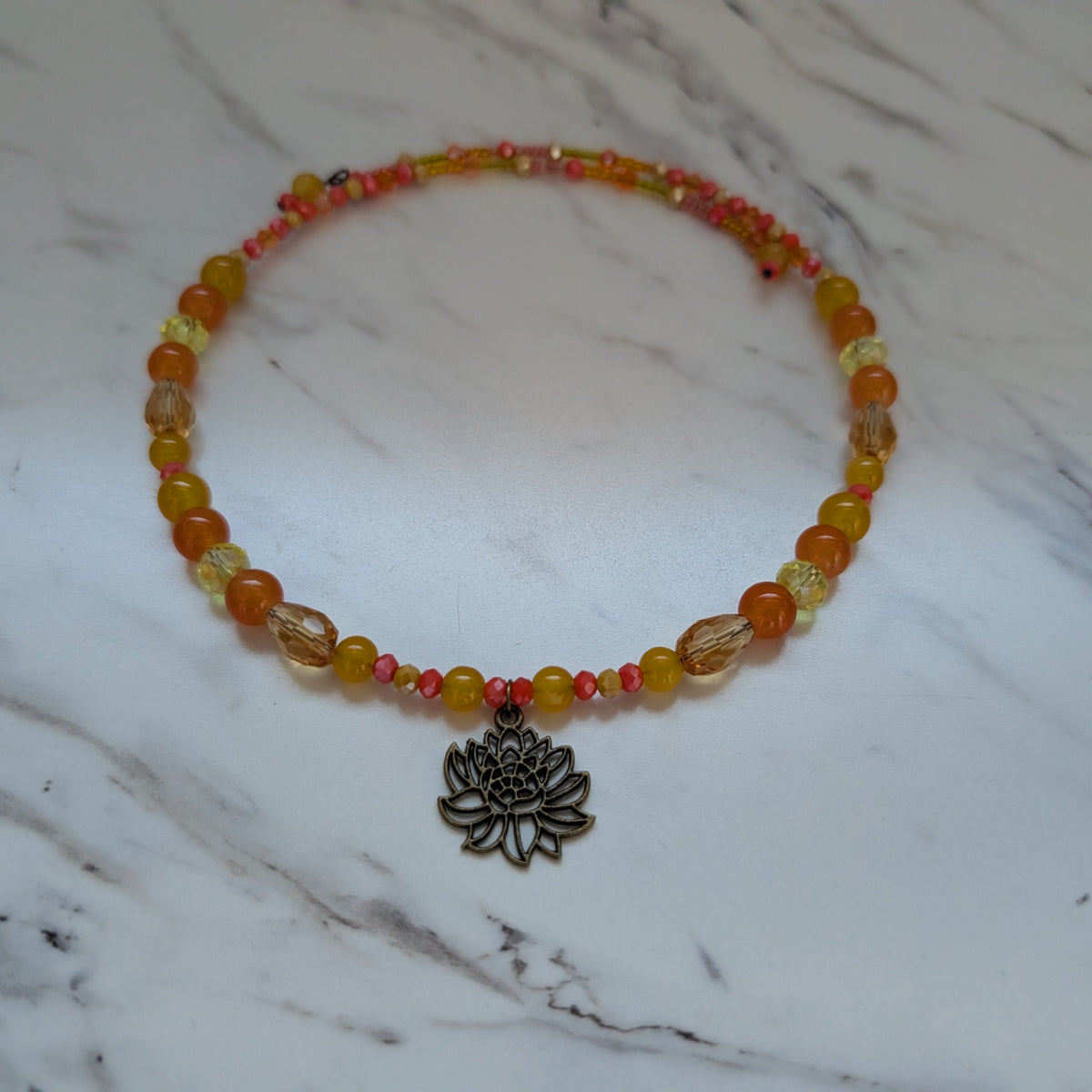 Bronze Lotus Beaded Memory Wire Choker | Sunset Orange & Yellow Crystal Collar