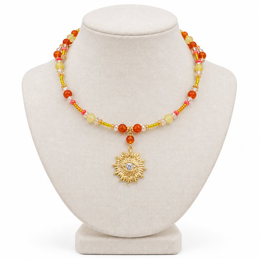 Gold Sunburst Evil Eye Beaded Memory Wire Choker | Sunset Orange & Yellow Crystal Collar