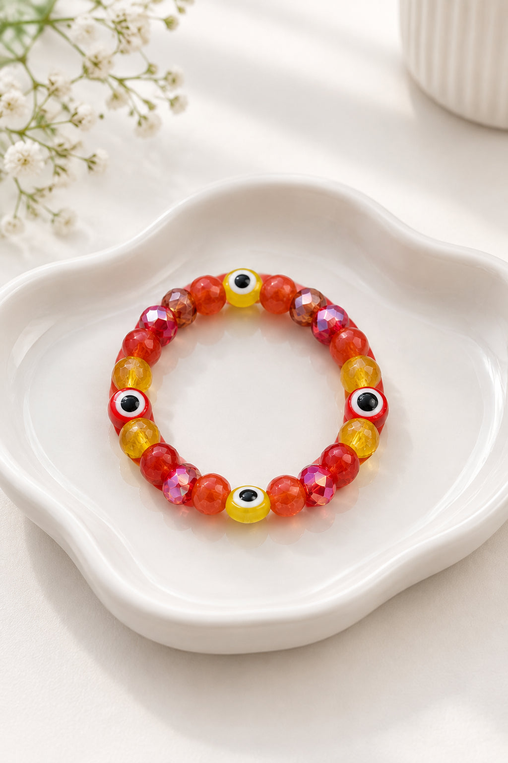 Fiery Evil Eye Beaded Stretch Bracelet | Warm Sunset Glass & Crystal Protection Bracelet