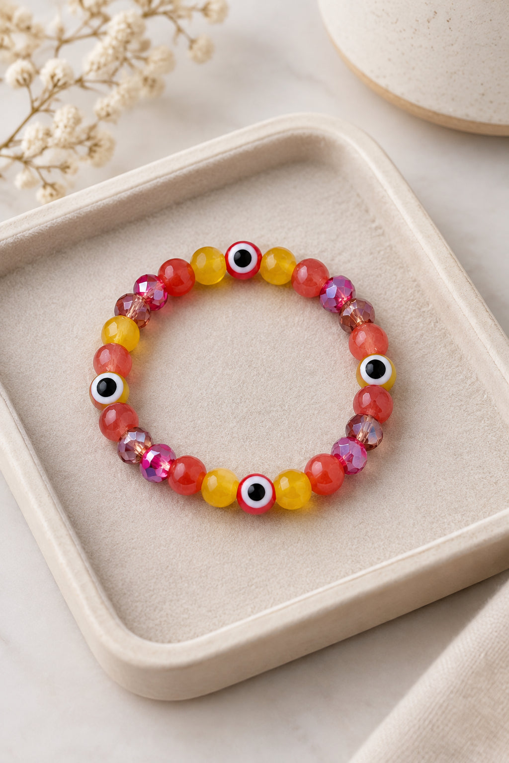 Fiery Evil Eye Beaded Stretch Bracelet | Warm Sunset Glass & Crystal Protection Bracelet