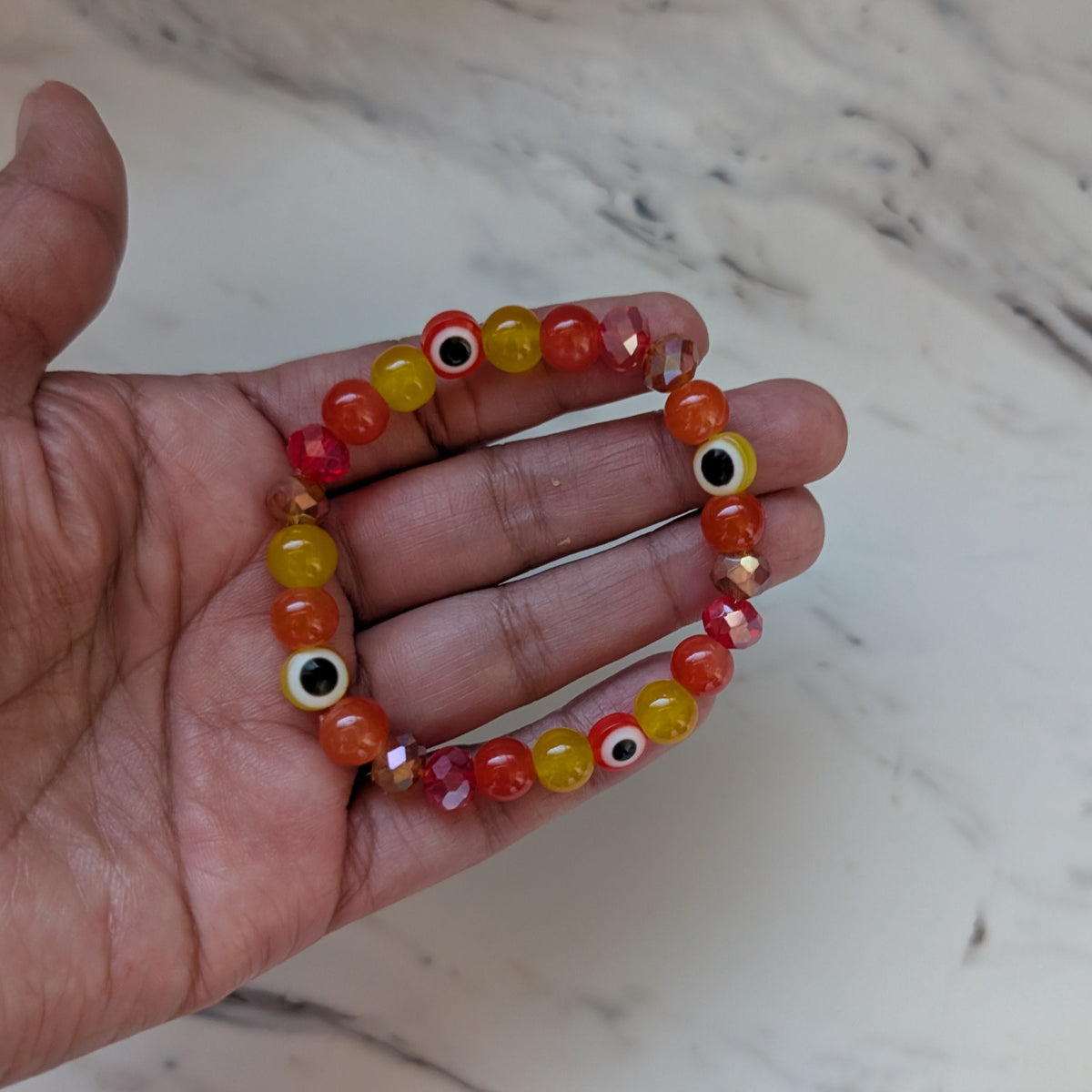 Fiery Evil Eye Beaded Stretch Bracelet | Warm Sunset Glass & Crystal Protection Bracelet