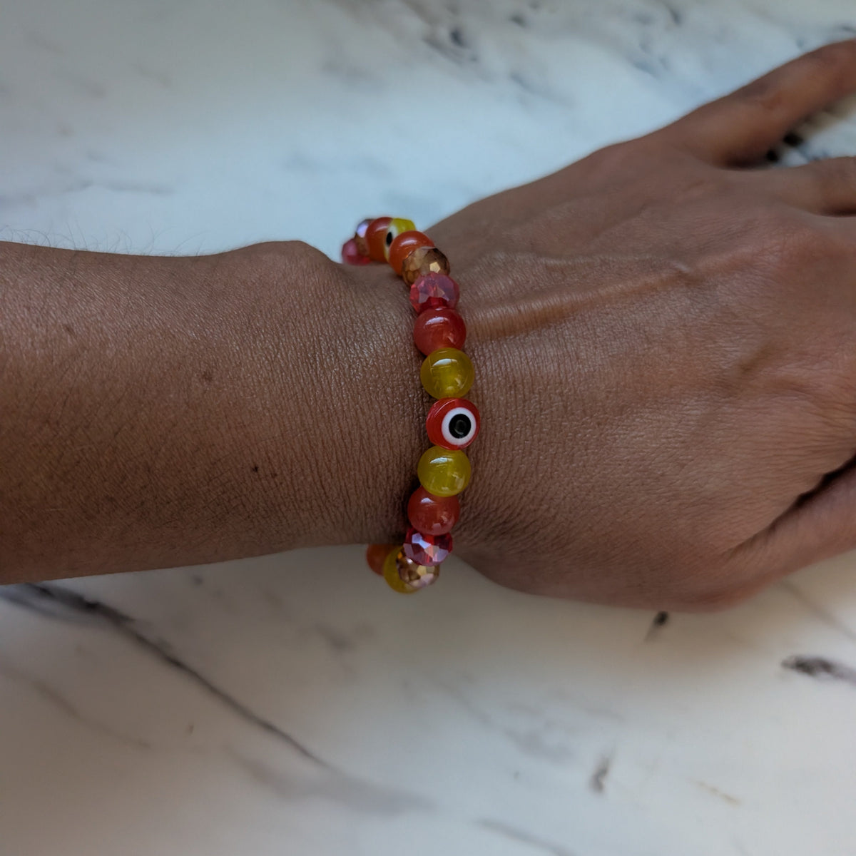 Fiery Evil Eye Beaded Stretch Bracelet | Warm Sunset Glass & Crystal Protection Bracelet