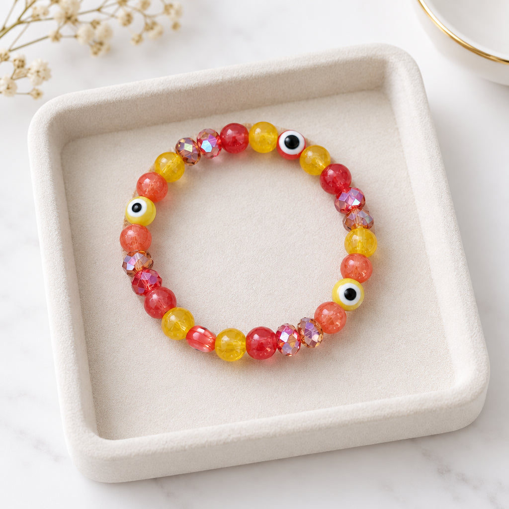 Fiery Evil Eye Beaded Stretch Bracelet | Warm Sunset Glass & Crystal Protection Bracelet