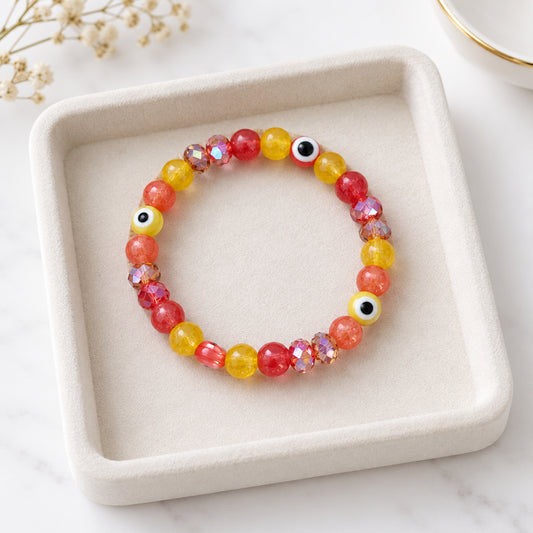 Fiery Evil Eye Beaded Stretch Bracelet | Warm Sunset Glass & Crystal Protection Bracelet