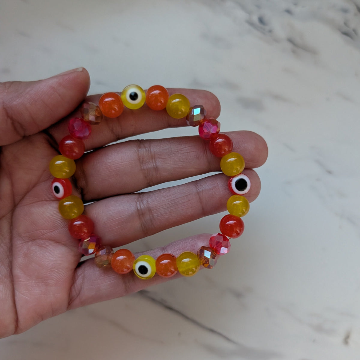 Fiery Evil Eye Beaded Stretch Bracelet | Warm Sunset Glass & Crystal Protection Bracelet