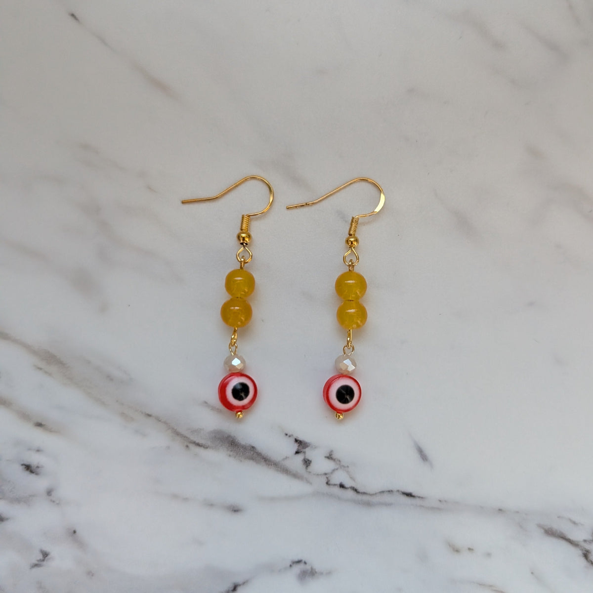 Red & Yellow Evil Eye Dangle Earrings | Gold Hook Glass Bead Drop Earrings
