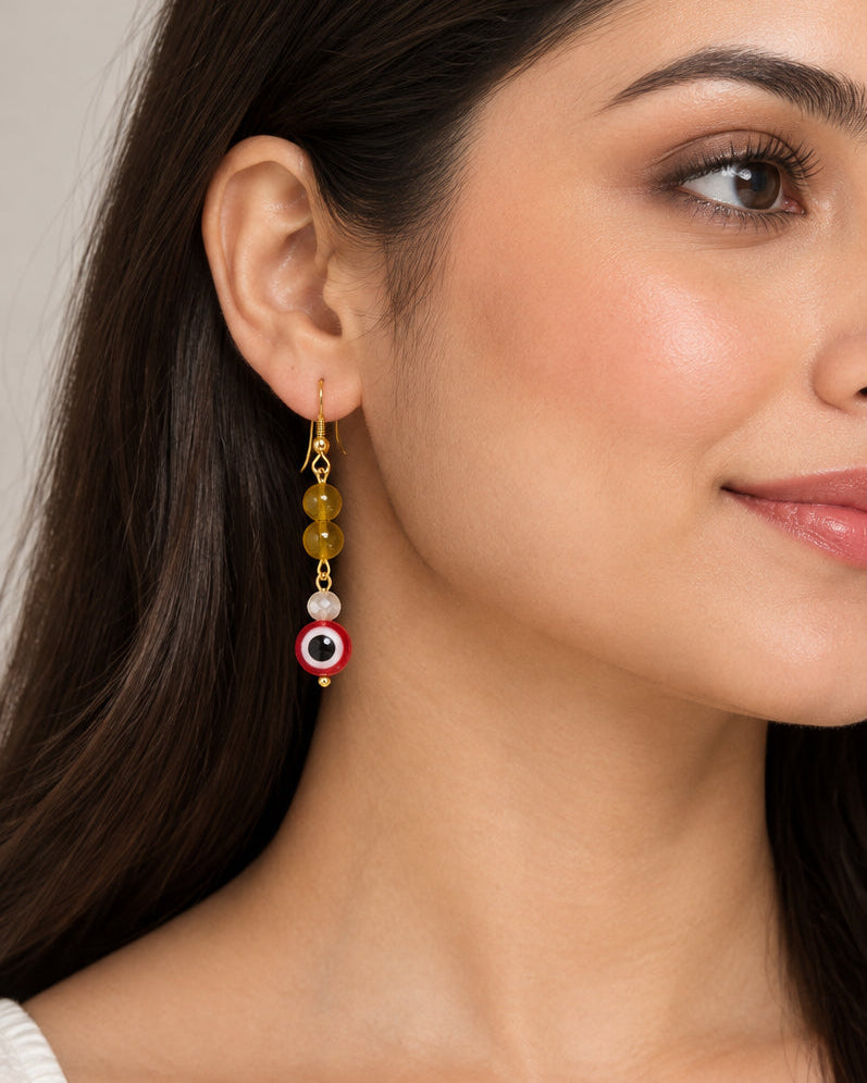 Red & Yellow Evil Eye Dangle Earrings | Gold Hook Glass Bead Drop Earrings