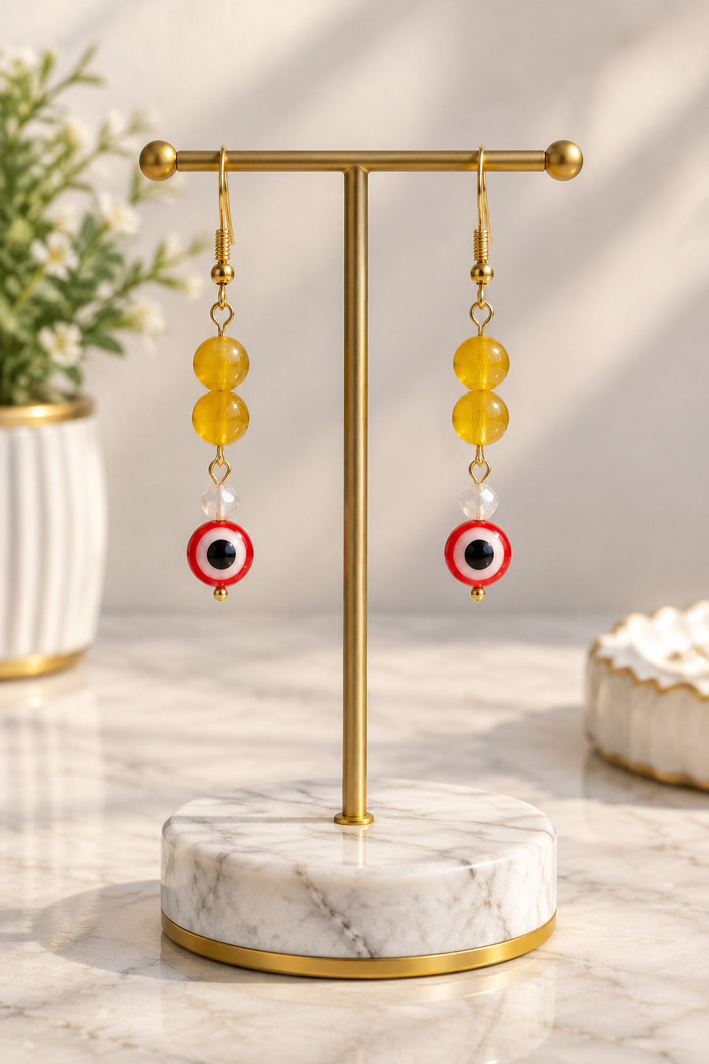 Red & Yellow Evil Eye Dangle Earrings | Gold Hook Glass Bead Drop Earrings