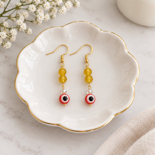 Red & Yellow Evil Eye Dangle Earrings | Gold Hook Glass Bead Drop Earrings