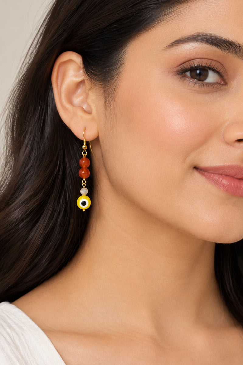 Red & Yellow Evil Eye Dangle Earrings | Gold Hook Glass Bead Drop Earrings