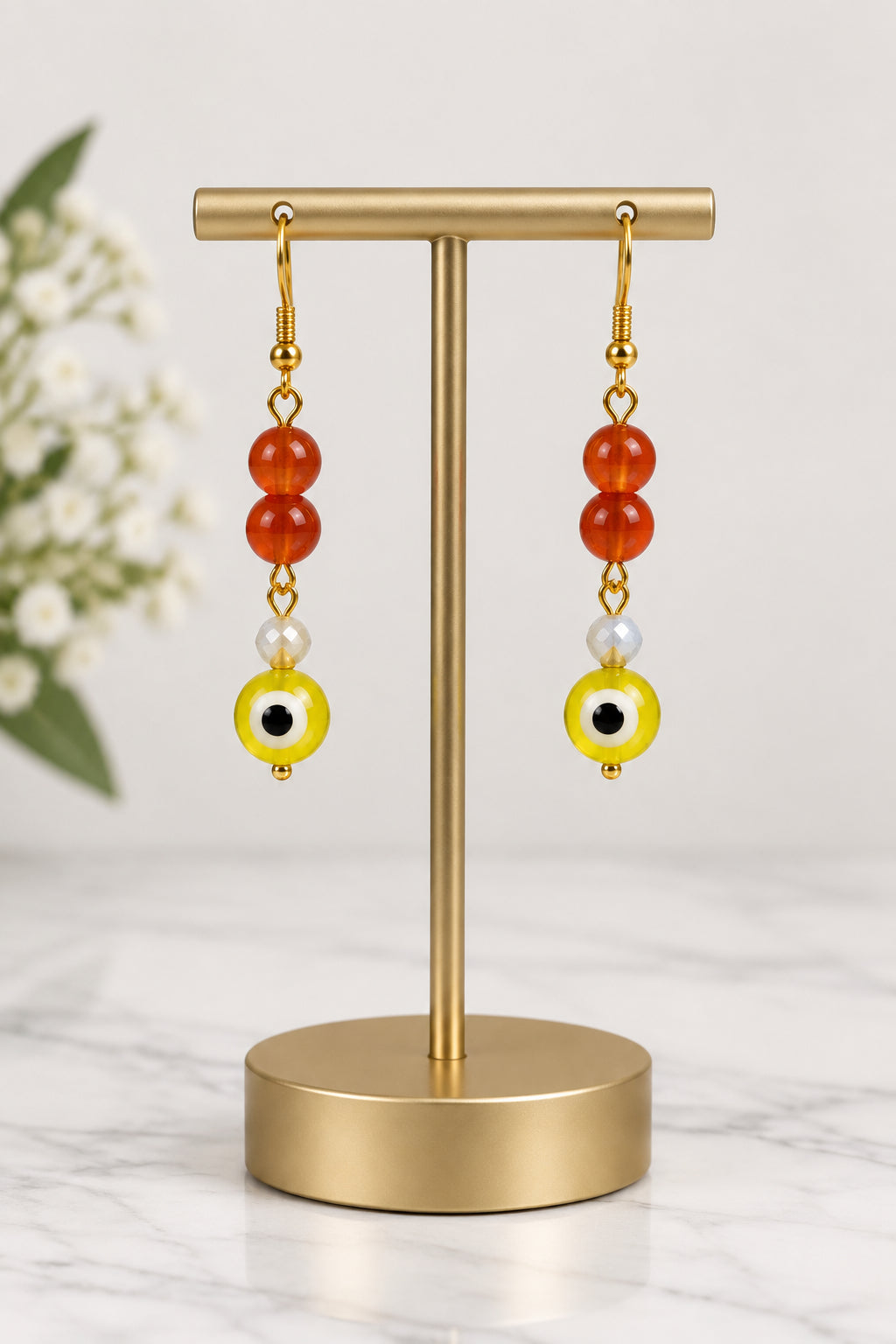 Red & Yellow Evil Eye Dangle Earrings | Gold Hook Glass Bead Drop Earrings