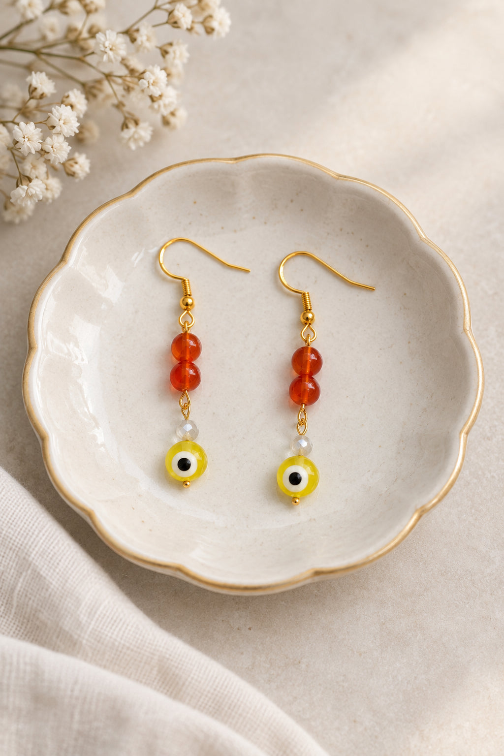 Red & Yellow Evil Eye Dangle Earrings | Gold Hook Glass Bead Drop Earrings